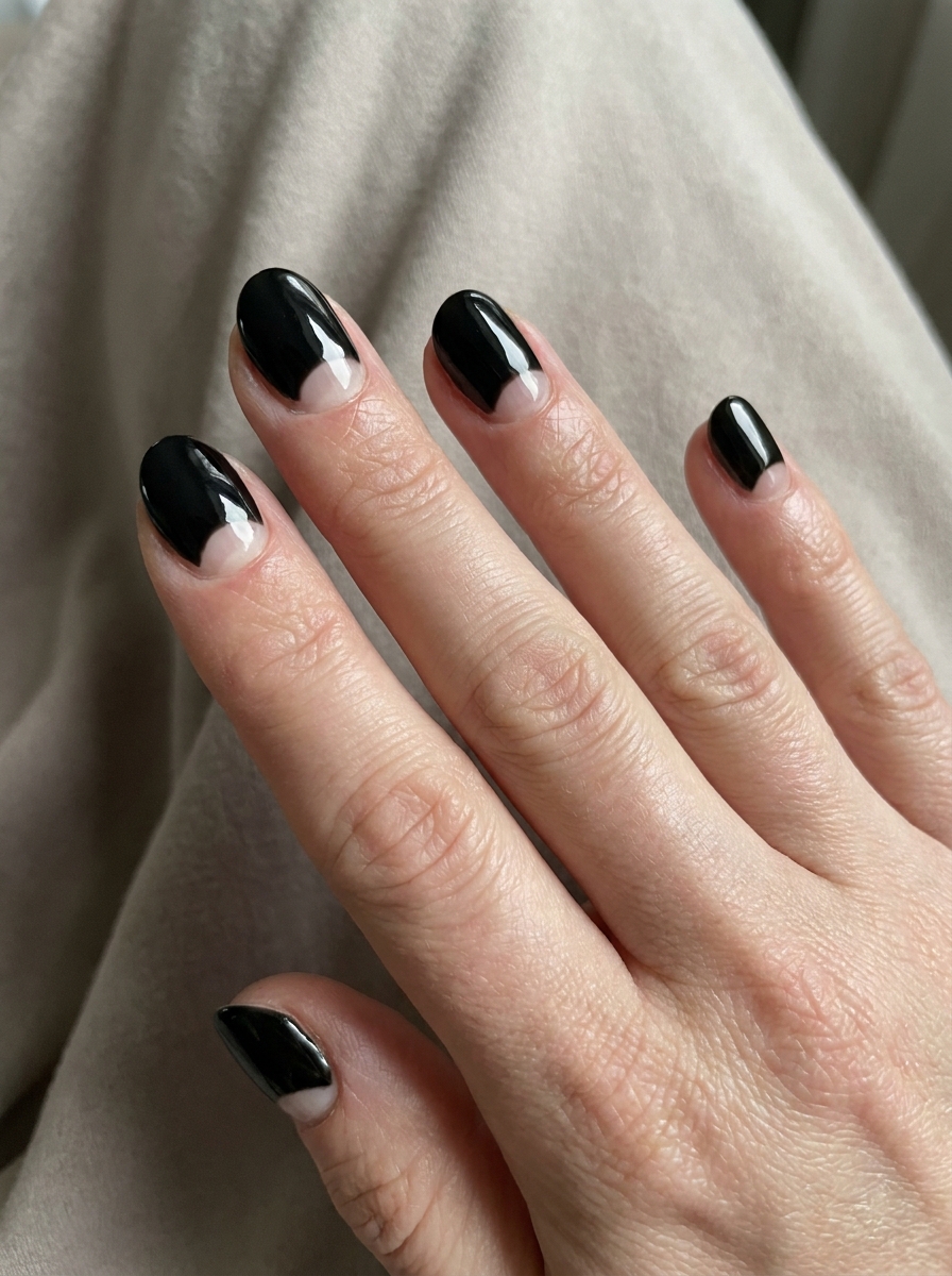 Black & Nude Half-Moon Nails als Halloween Nails Kurz Inspiration 2026